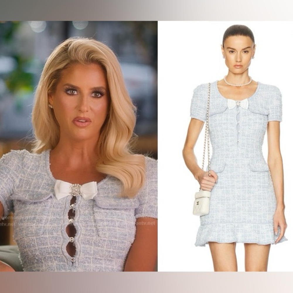 SELF-PORTRAIT Light Blue Tweed Checked Bow-Detail Mini Dress - BNWT - Size M